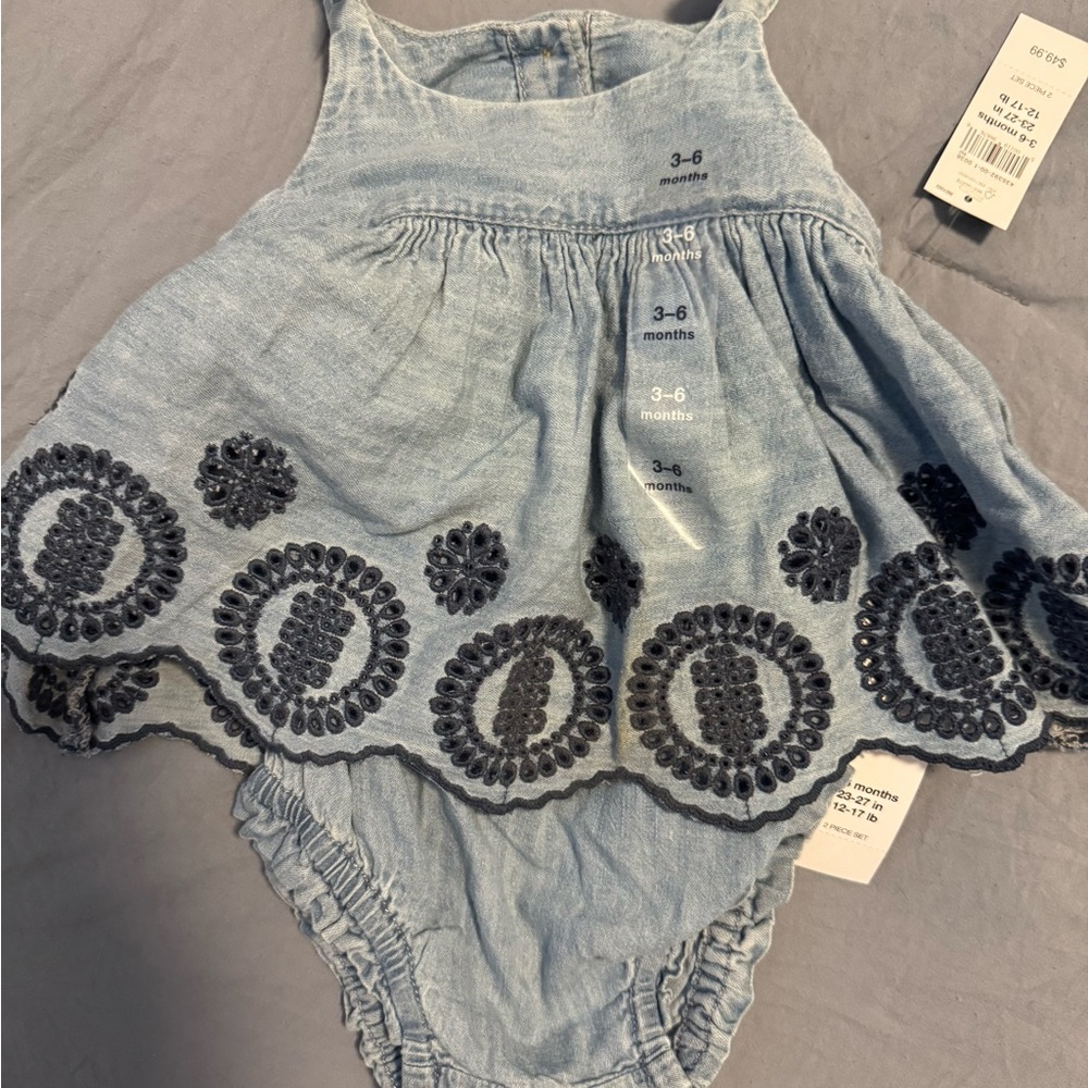 GAP Light Blue Embroidered Denim-Style Baby Romper with Navy Detail